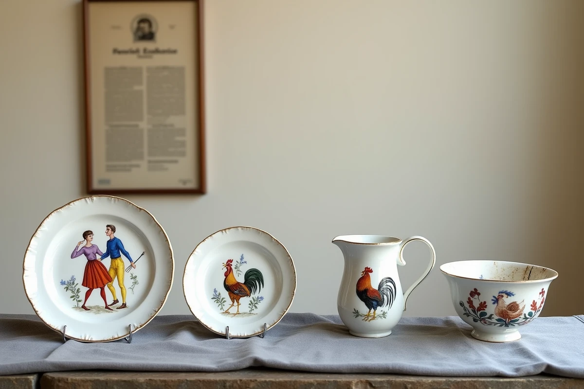 Comparaison de pièces authentiques et de reproductions de faïence Henriot Quimper côte à côte sur un tissu de lin gris