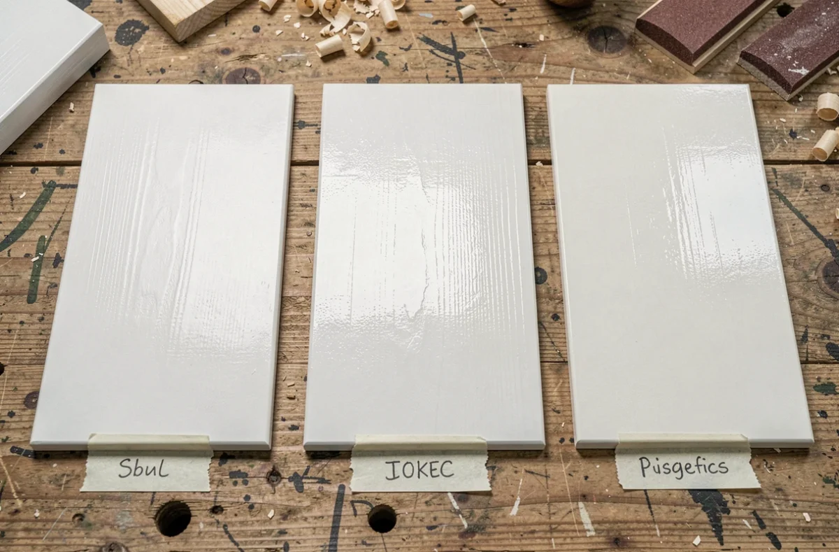 Comparaison de trois échantillons de peinture blanche pour boiserie montrant les finitions mat, satin et brillant sur des planches en bois posées sur un établi de menuisier