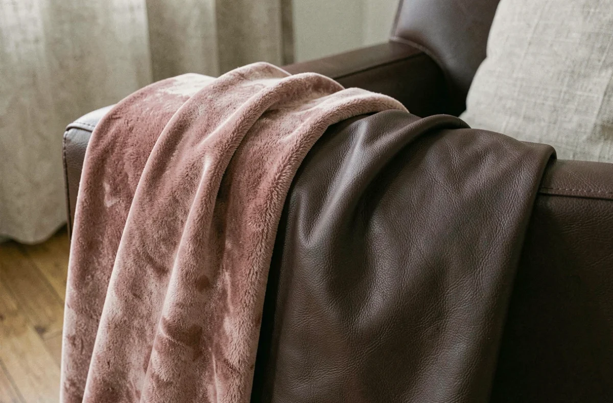 Comparaison de revêtements velours rose et cuir chocolat sur fauteuil de lecture, détail texture et matière en gros plan