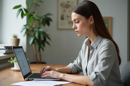 Femme consultant un devis de rénovation sur un ordinateur portable depuis son bureau à domicile