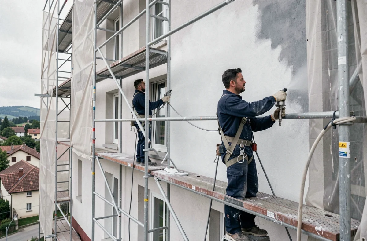 Peintres de Côté Façades Bourgogne appliquant une peinture minérale sur un immeuble résidentiel en Bourgogne