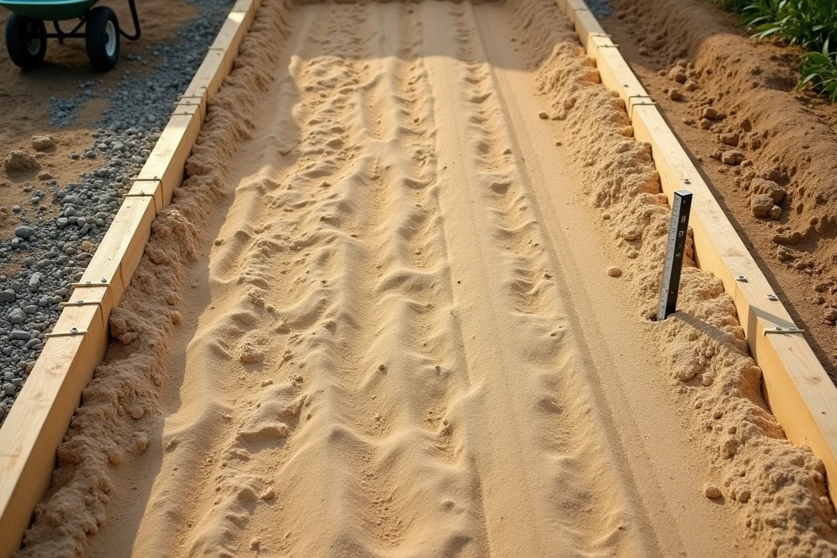 Vue aérienne d'une couche de sable correctement épaissie sur une allée carrossable en cours de construction