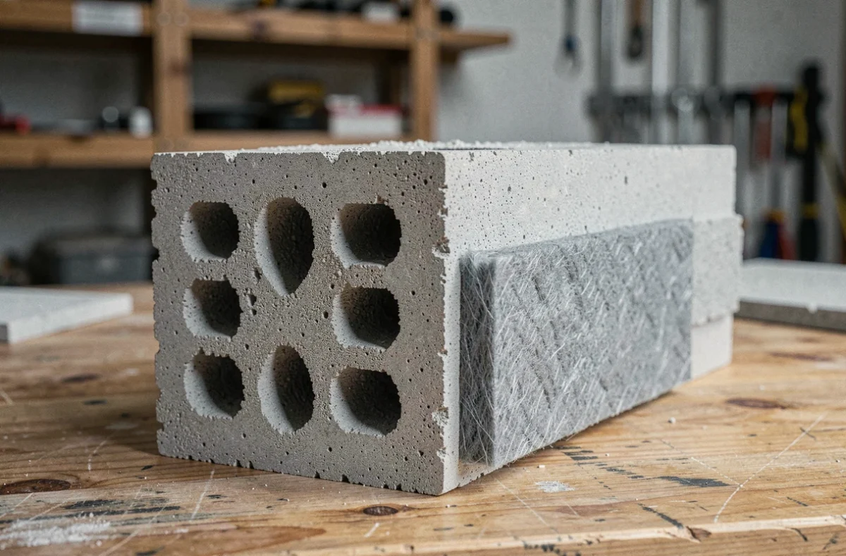 Coupe transversale d'un parpaing creux avec isolant thermique posé contre la face pour limiter les ponts thermiques