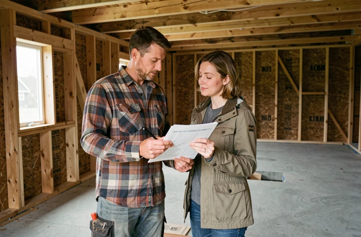Couple vérifiant une check-list dans l'intérieur en cours d'aménagement d'un chalet bois de 80m2