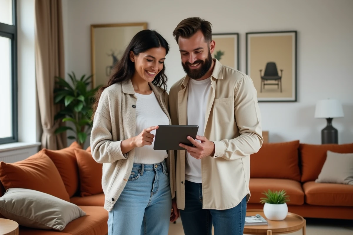 Couple regardant les résultats d'un quiz de style déco sur une tablette dans un salon éclectique en cours de décoration