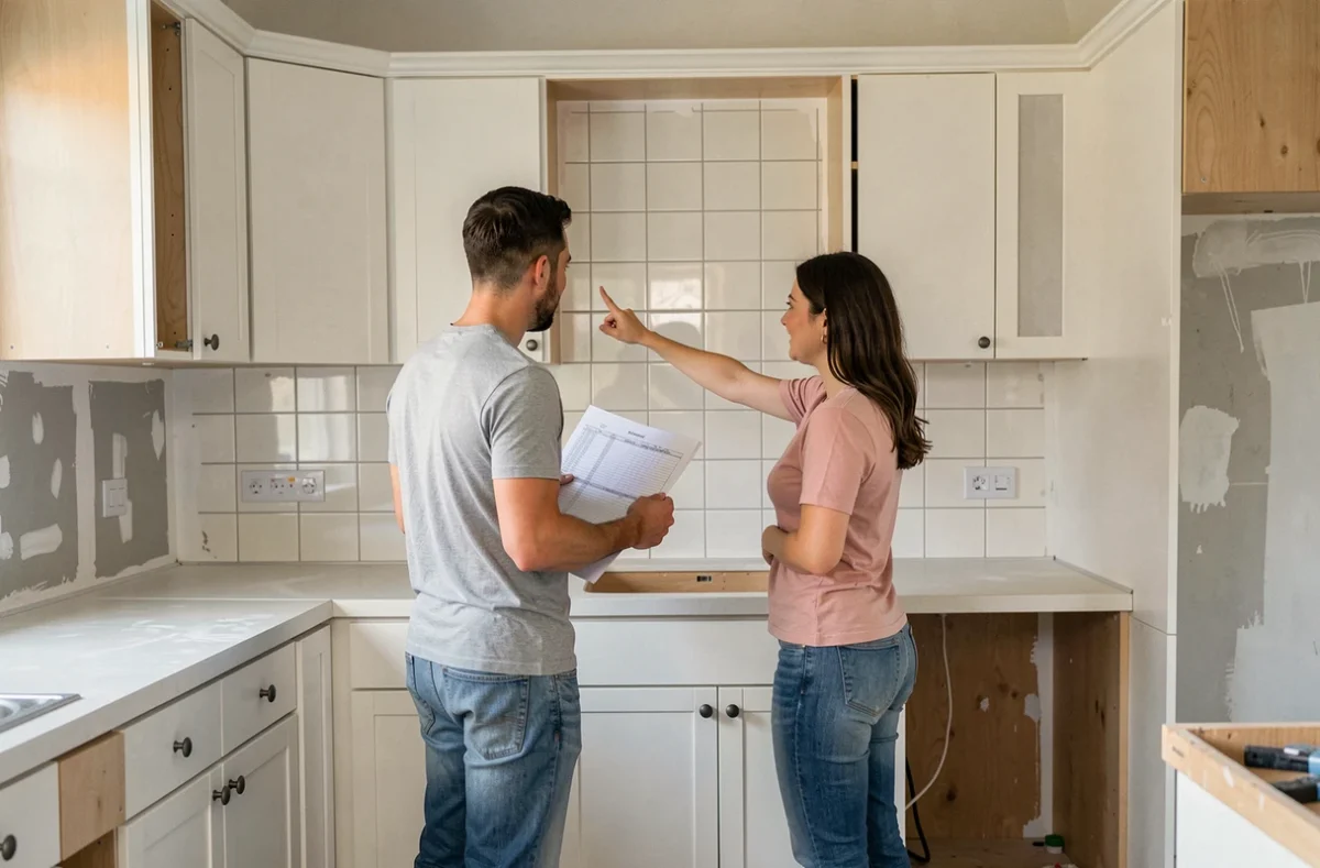 Couple rénovant leur cuisine soi-même avec un petit budget en consultant un plan de travaux économique