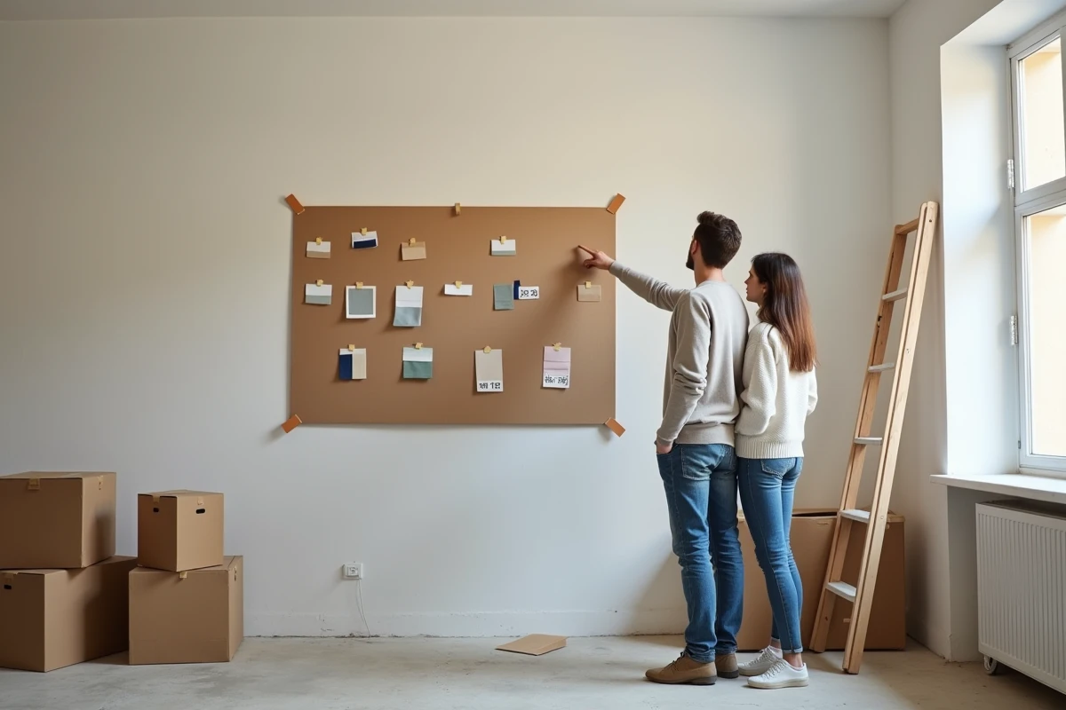 Couple étudiant un tableau d'inspiration décoratif avec des fiches de prix dans un appartement en rénovation