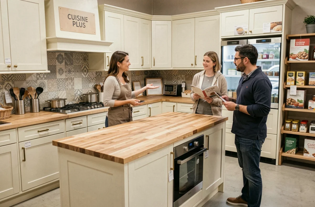 Cuisine style shaker crème avec îlot en bois chez Cuisine Plus Englos, avec une conseillère présentant les solutions de rangement