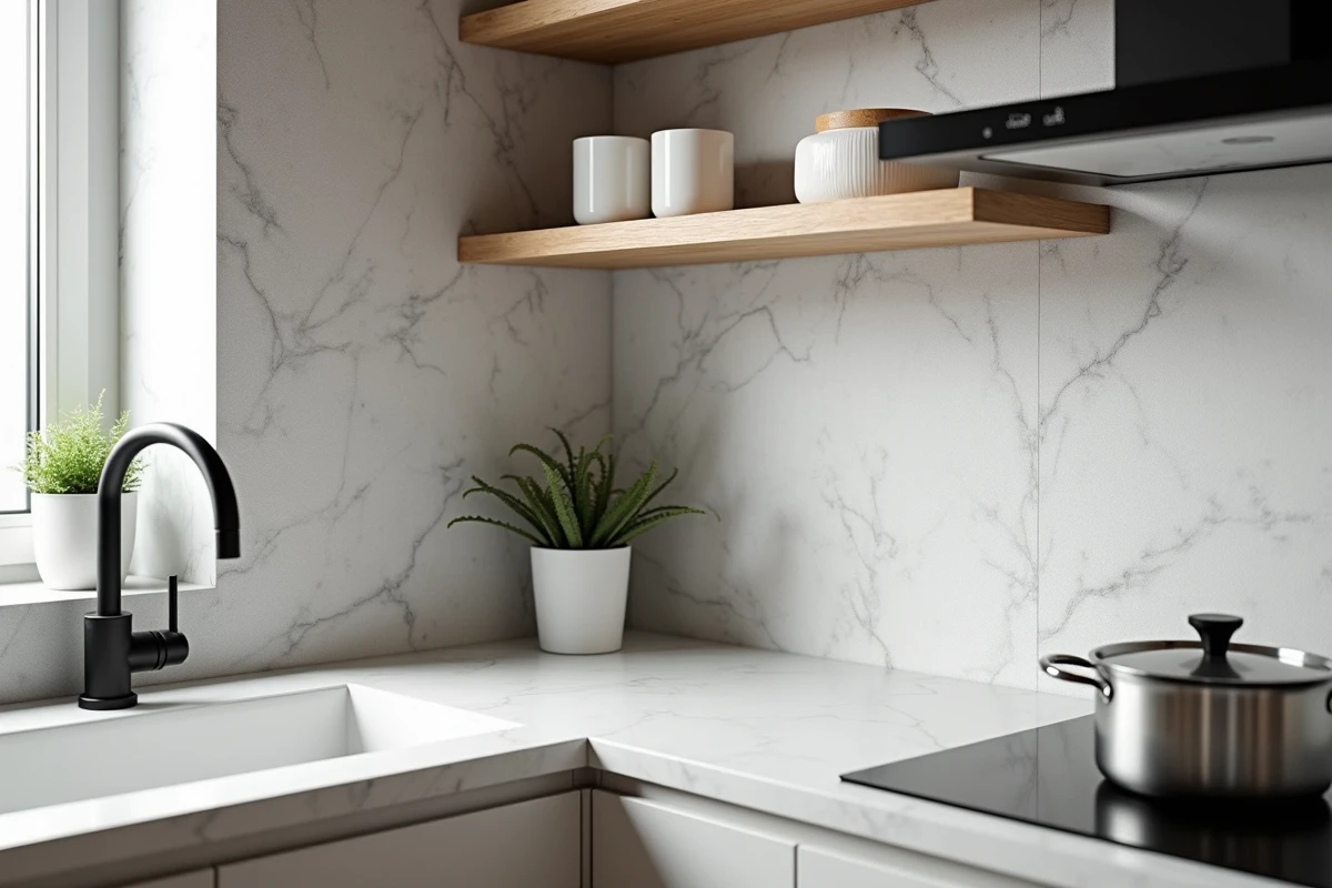 Cuisine rénovée avec revêtement mural autocollant grand format à motif béton sur deux murs