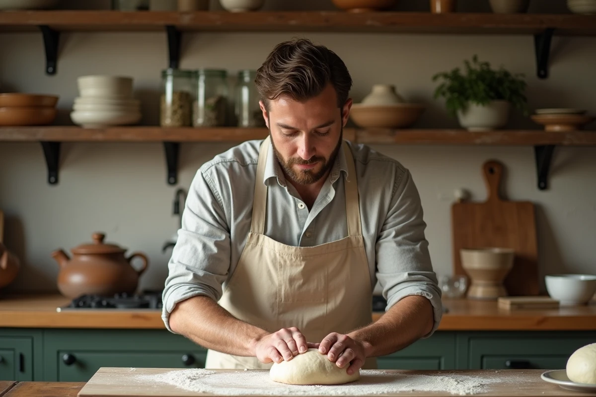 Homme pétrissant du pain dans une cuisine rustique avec étagères en bois et vaisselle en grès, ambiance slow living