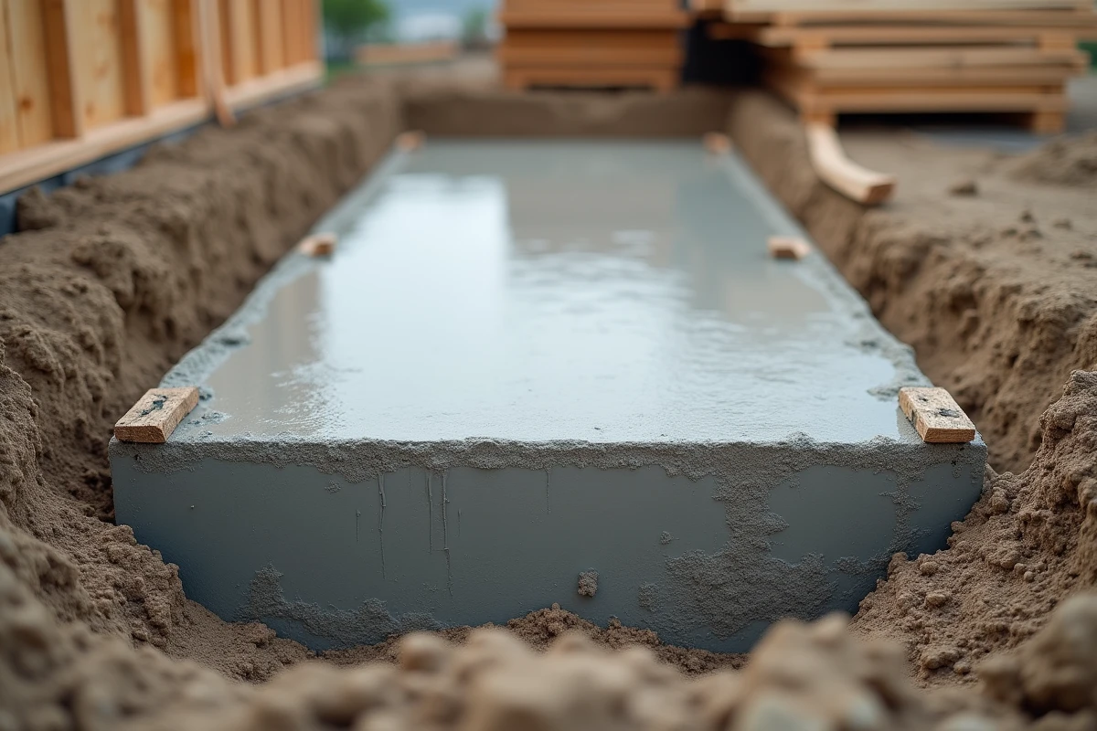 Dalle de fondation en béton fraîchement coulée avec armatures et coffrage sur chantier résidentiel