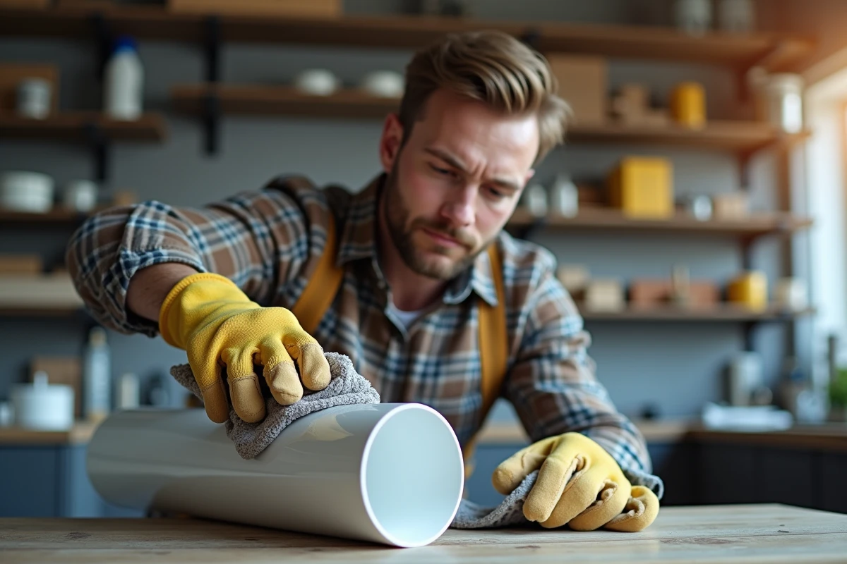 Jeune homme nettoyant un tuyau PVC avec un chiffon et solvant