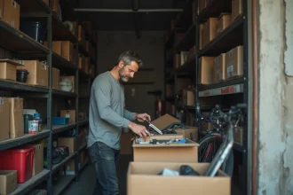 Homme qui trie des cartons dans un garage encombré en milieu urbain lors d'un débarras