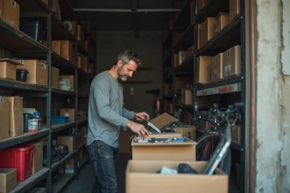 Homme qui trie des cartons dans un garage encombré en milieu urbain lors d'un débarras