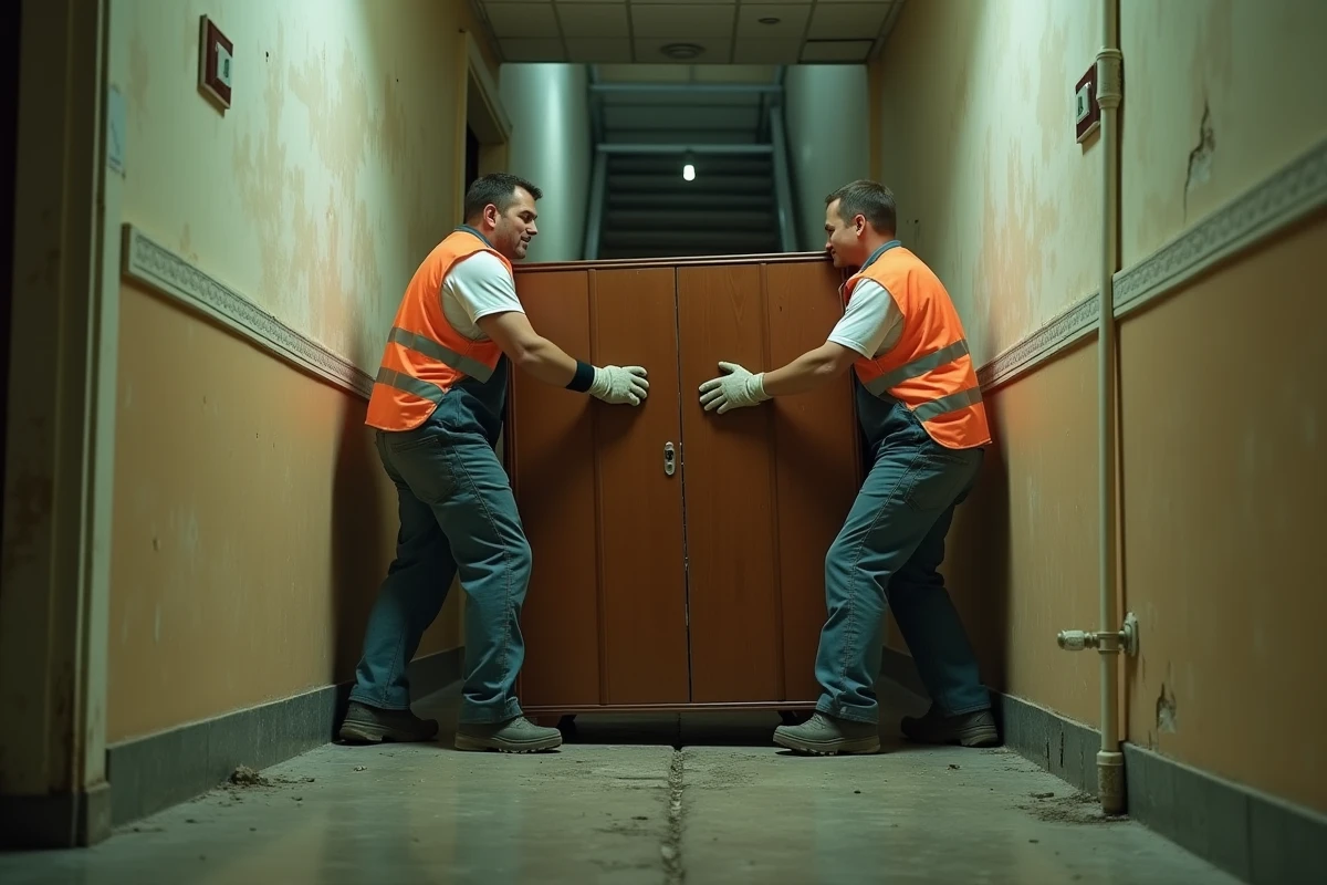 Deux débarrasseurs professionnels évacuant des meubles d'un couloir d'appartement insalubre lors d'un débarras gratuit
