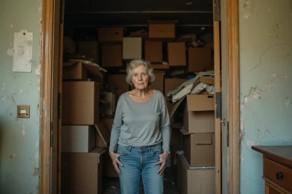 Femme devant un logement insalubre encombré de déchets et de meubles entassés, illustration d'un débarras de maison gratuit