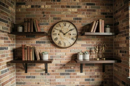 Mur en brique industrielle avec horloge vintage, étagères en bois sombre et objets décoratifs en laiton dans un salon au style industriel