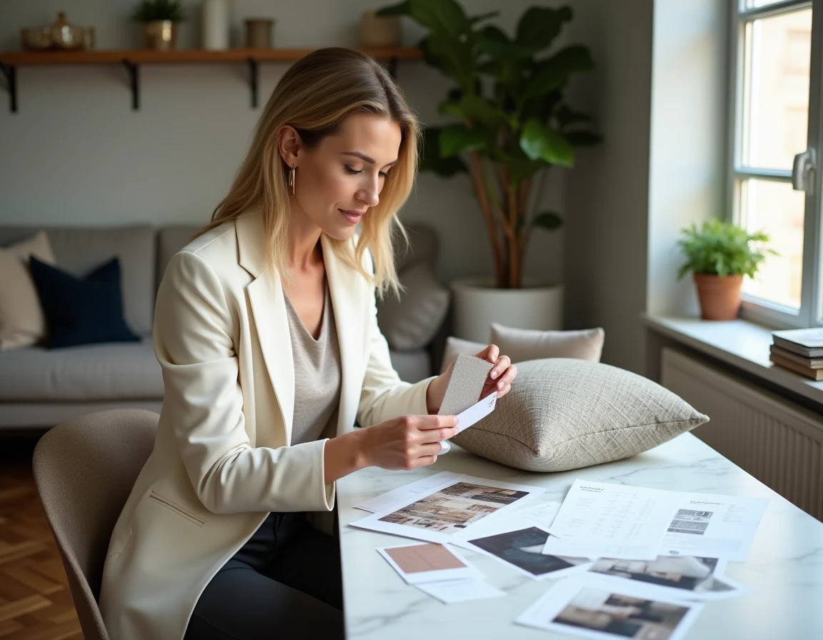 Décoratrice d'intérieur comparant des échantillons de tissu et des devis dans un petit appartement urbain