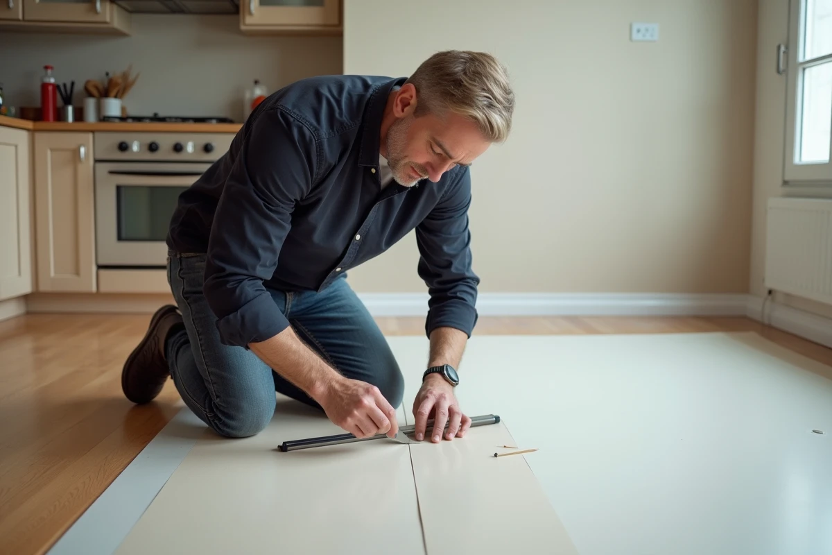 Homme mesurant et découpant un revêtement mural autocollant grande surface avant pose en cuisine