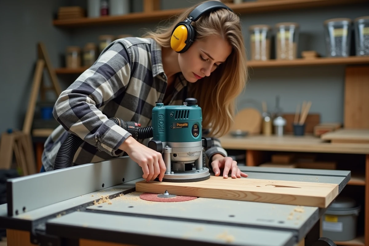 Femme menuisière utilisant une défonceuse sur table pour usiner une mortaise dans un pin dans un atelier moderne