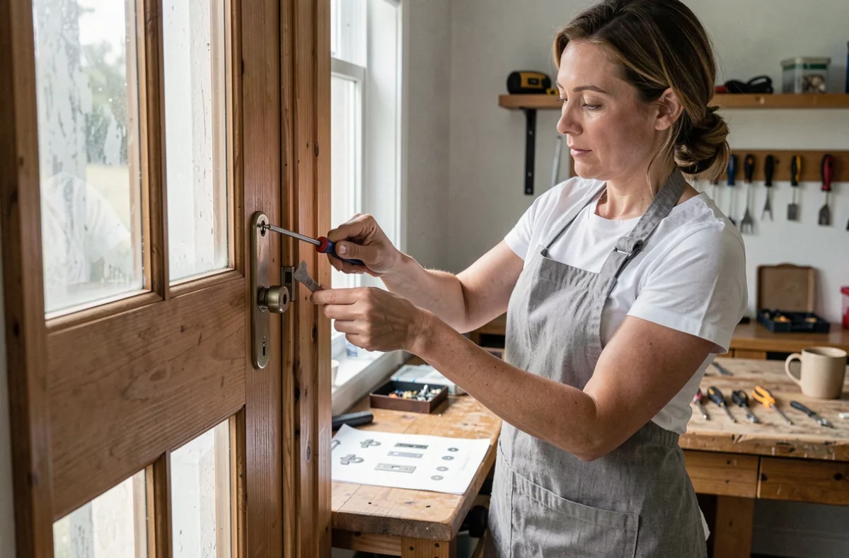 Femme démontant un cylindre de serrure sur une porte intérieure avec des outils à main