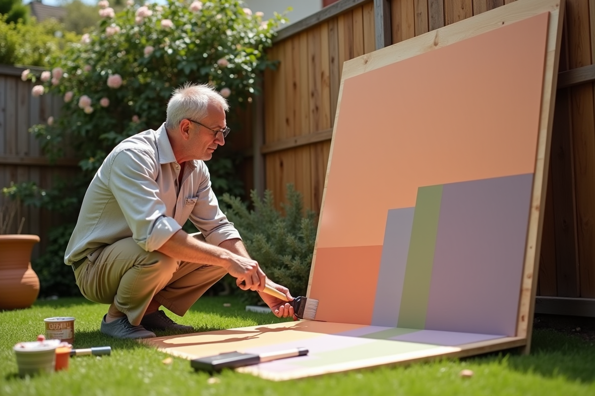 Designer testant des échantillons de peinture dans un jardin en plein air