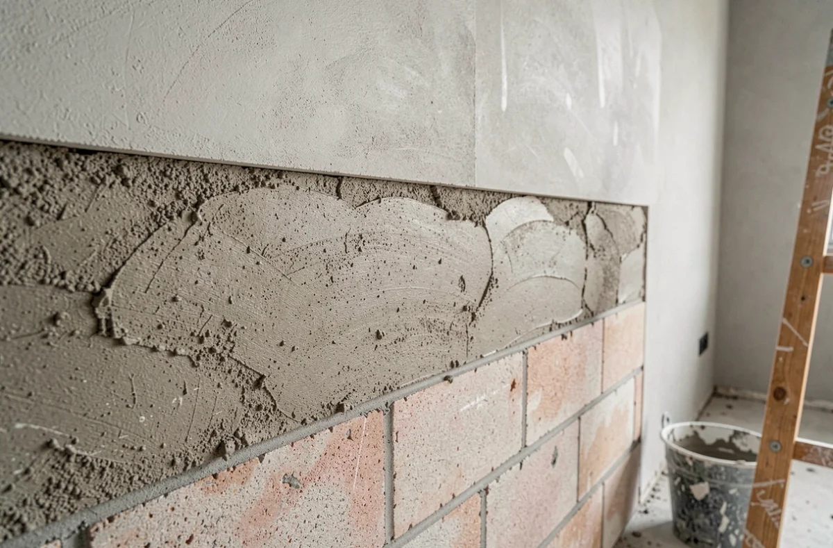 Détail des couches d'enduit de rénovation thermique sur un mur en parpaing intérieur