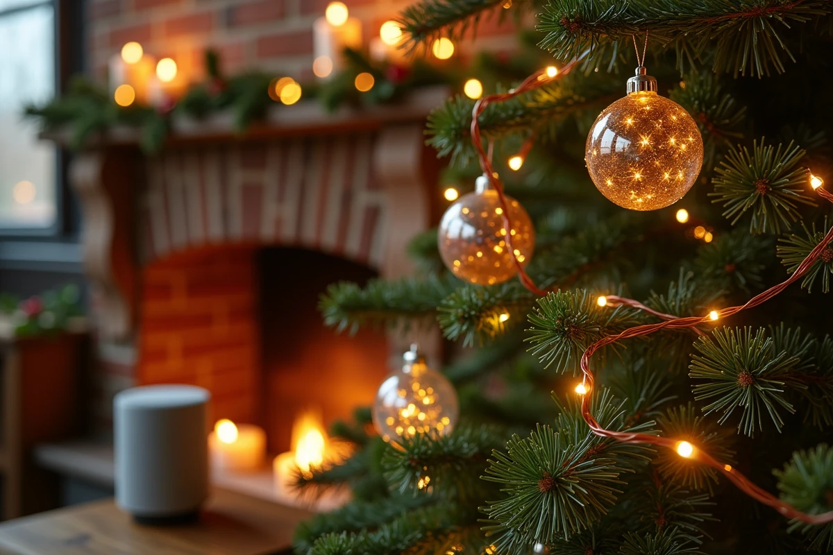 Gros plan sur une guirlande LED connectée enroulée autour des branches d'un sapin de Noël avec enceinte connectée