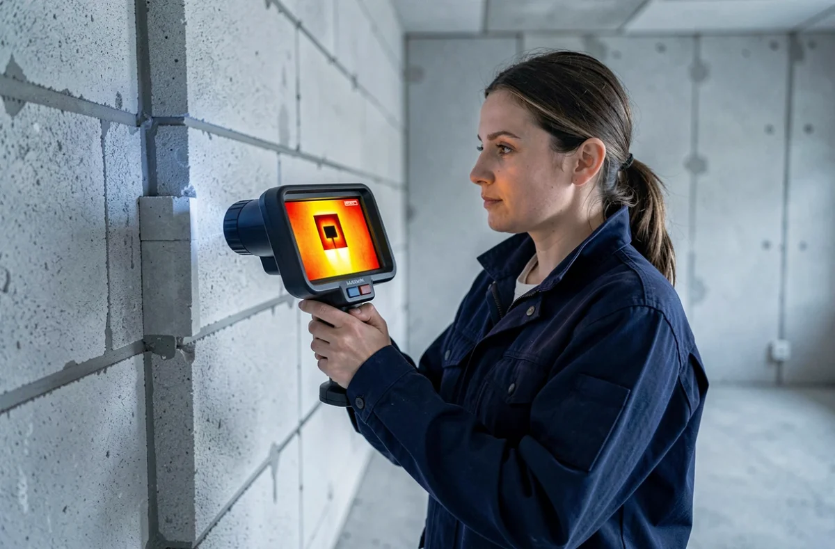 Ingénieure en thermique analysant un pont thermique à la jonction mur parpaing et dalle béton avec une caméra infrarouge