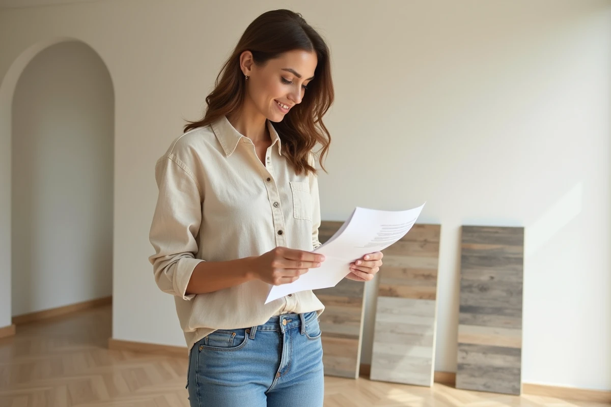 Propriétaire comparant des échantillons de carrelage et un devis de pose au m² dans un salon rénové