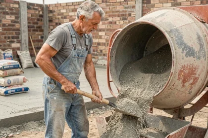 Ouvrier dosant un mélange de sable et graviers dans une bétonnière sur un chantier de chape maigre