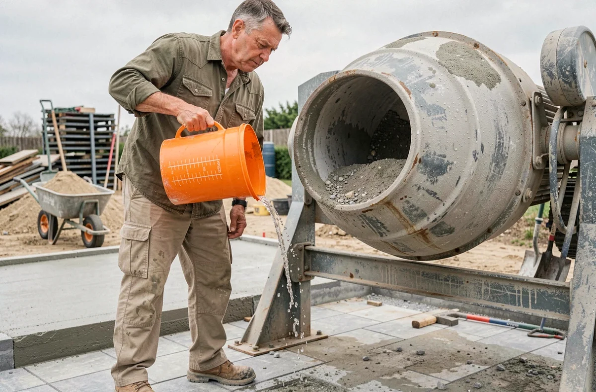 Artisan versant de l'eau dans une bétonnière pour doser une gâchée de chape maigre en extérieur