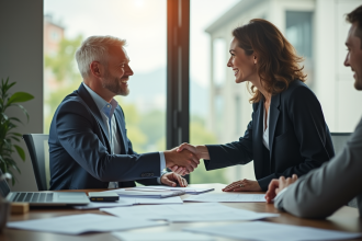 Professionnel d'affaires serrant la main d'un client dans un bureau lumineux