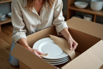 Femme emballant une assiette en céramique dans du papier kraft pour la placer dans un carton à vaisselle avec séparateurs en mousse