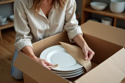 Femme emballant une assiette en céramique dans du papier kraft pour la placer dans un carton à vaisselle avec séparateurs en mousse