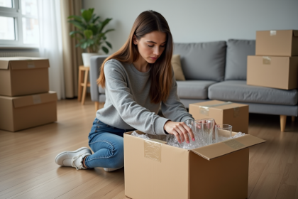 Jeune femme emballant un carton avec du verre fragile