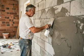 Artisan appliquant un enduit de rénovation sur un mur en parpaing intérieur à la taloche