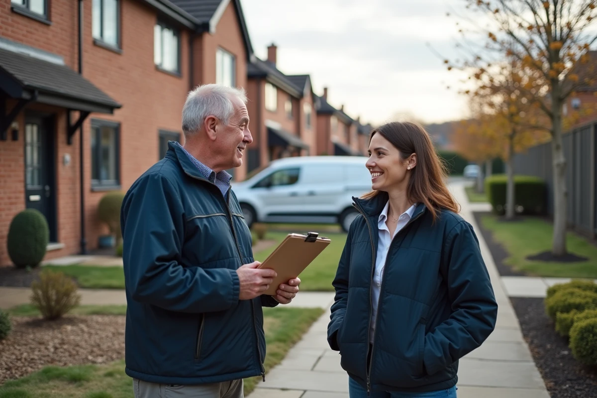 Entrepreneur de travaux discute avec cliente devant maison