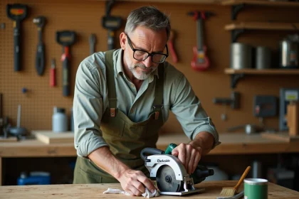 Homme entretenant une scie circulaire Parkside dans un atelier de bricolage organisé