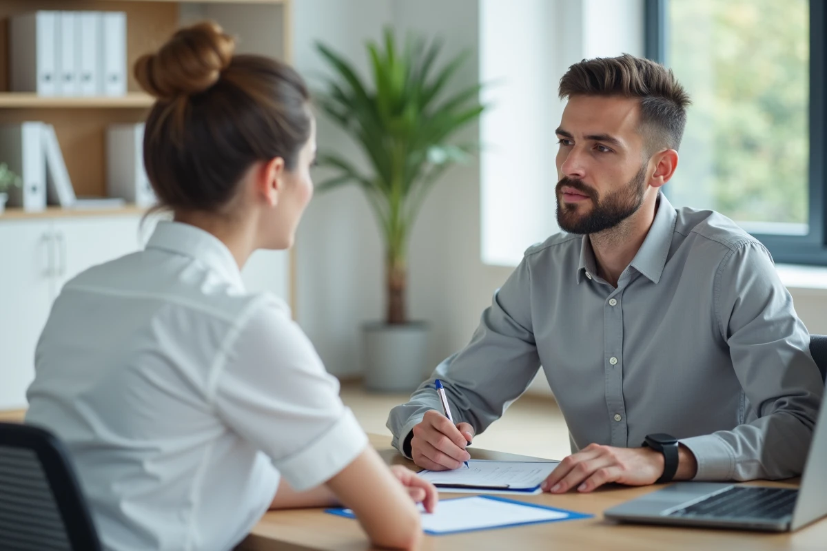 Entretien de sélection d'un prestataire de services à domicile dans un bureau moderne, symbolisant le processus de vérification et de recrutement rigoureux de Wecaza