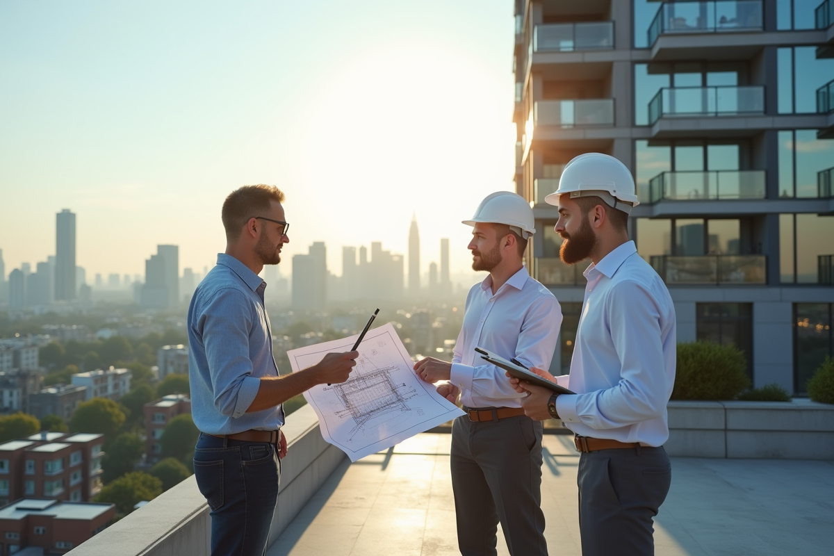Équipe d'architectes sur le toit d'un immeuble en ville
