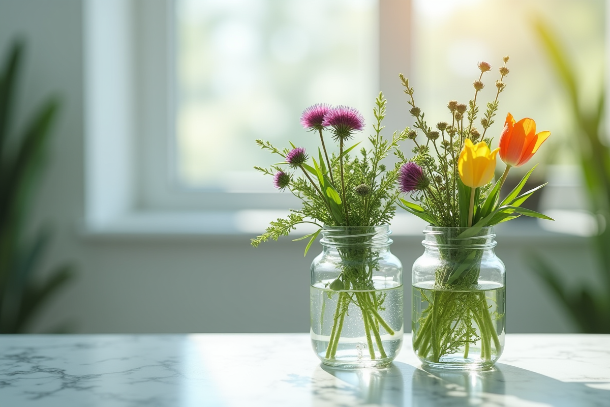 Espace médical lumineux avec thym tulipe et chardon en vue plongeante