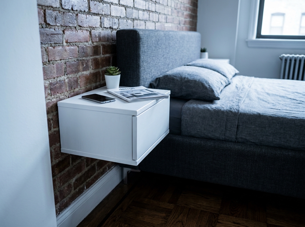 Étagère de chevet flottante blanche fixée au mur dans une petite chambre urbaine avec parquet sombre et tête de lit grise