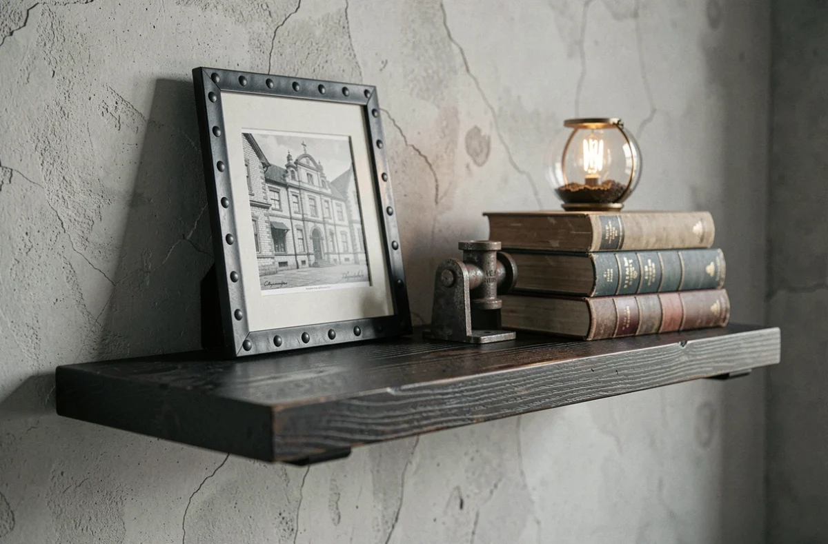 Étagère industrielle en métal noir avec cadre photo blueprint, livres vintage et terrarium ampoule Edison sur mur en béton ciré