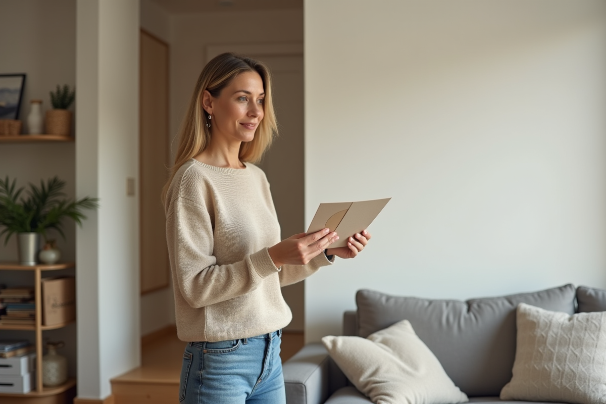 Femme tenant des échantillons de peinture dans un salon moderne