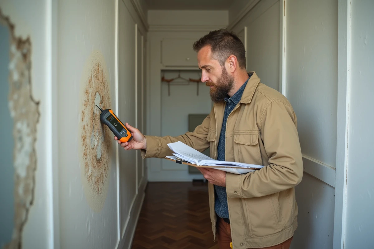 Expert en bâtiment mesurant le taux d'humidité d'un mur intérieur dans un appartement en copropriété avec un hygromètre professionnel