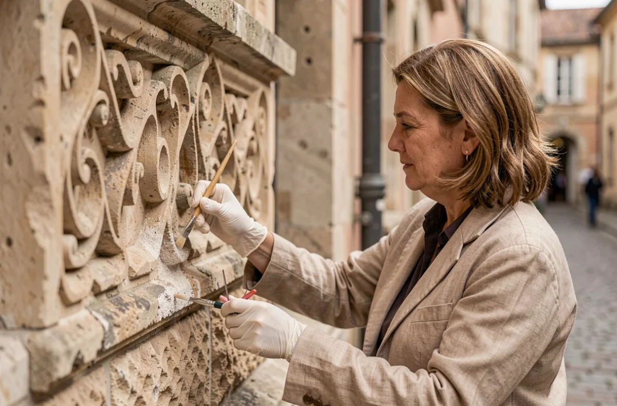 Restauratrice de Façades et Patrimoine BFC consolidant les ornements en pierre d'un bâtiment patrimonial à Besançon