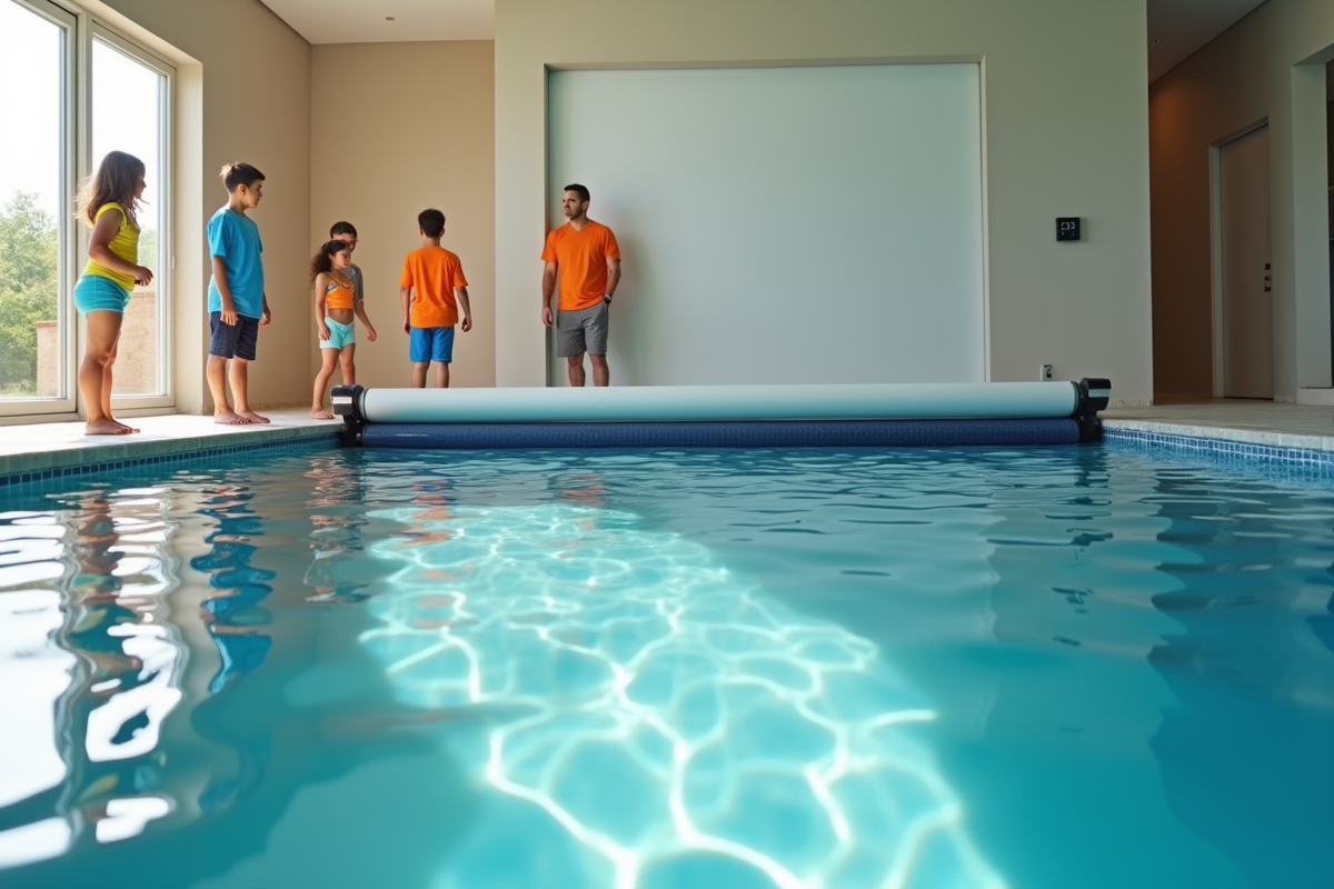 Famille avec enfants regardant la couverture de la piscine intérieure