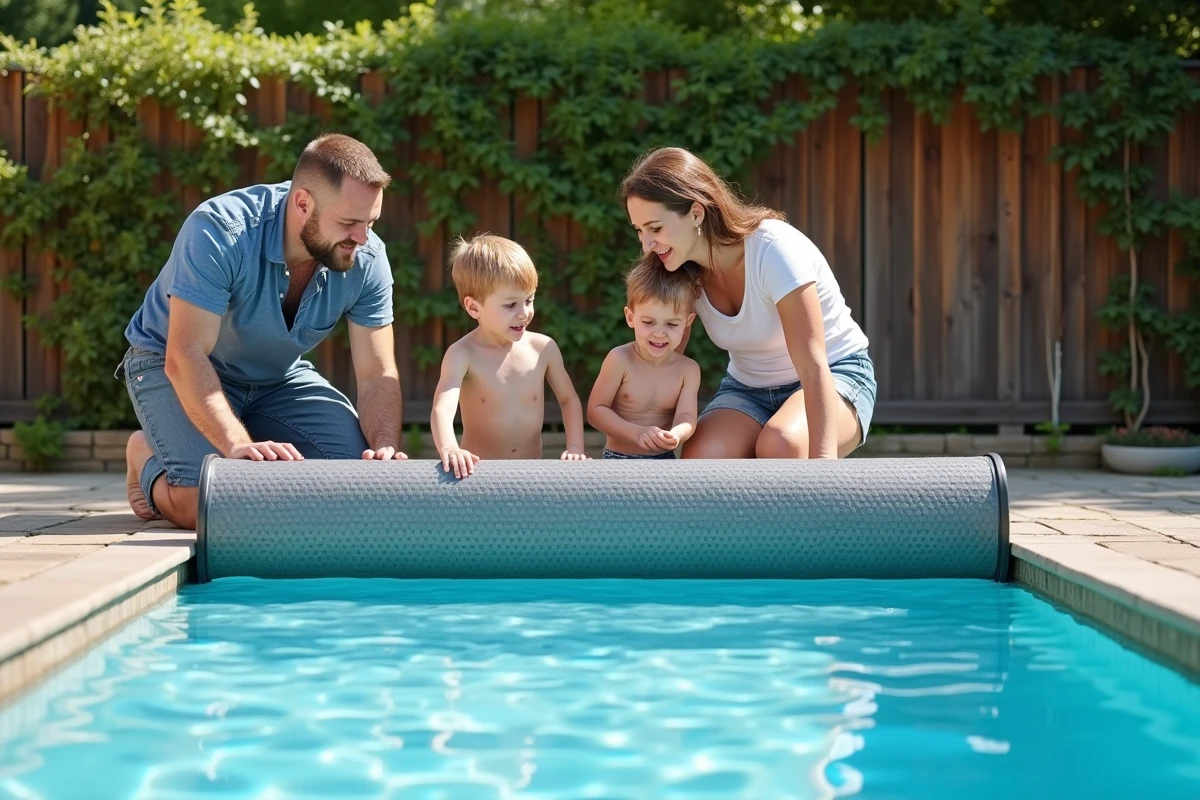 Famille aidant à poser une couverture solaire sur la piscine