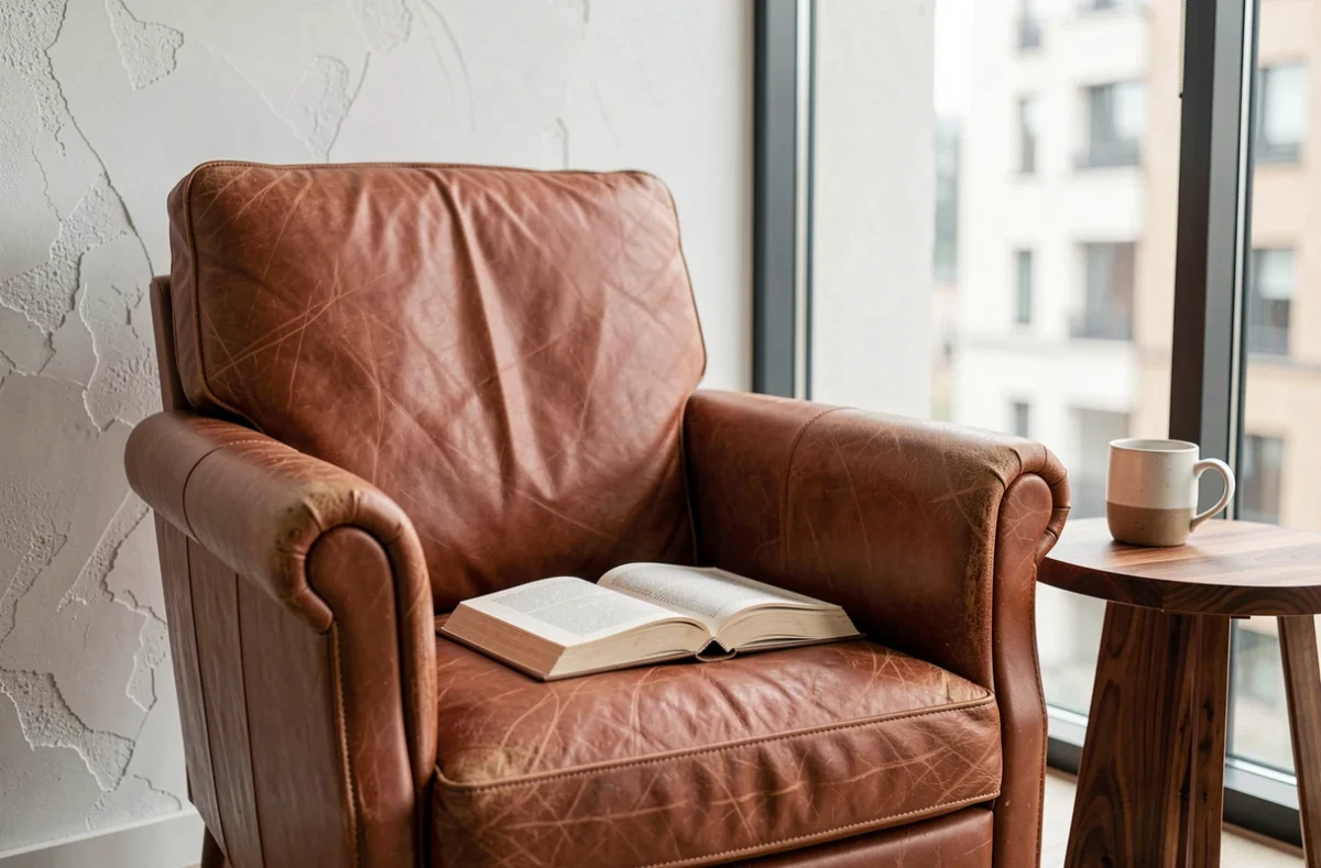Fauteuil de lecture en cuir cognac avec patine naturelle dans un salon scandinave moderne avec livre ouvert et tasse